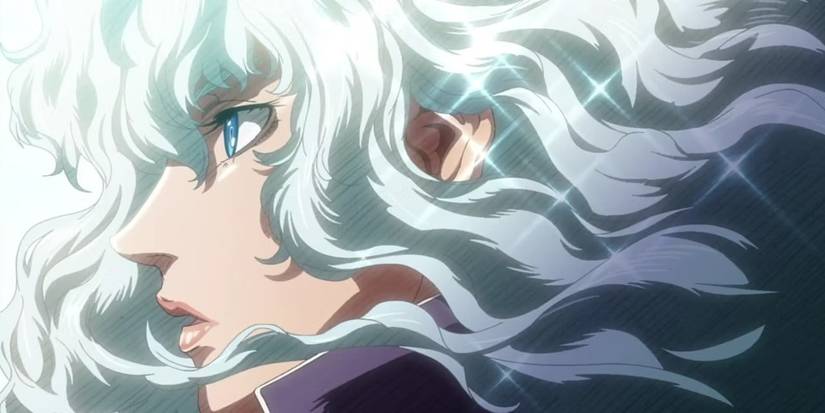 Berserk's Griffith looks to the side with sparkles around him in the anime.