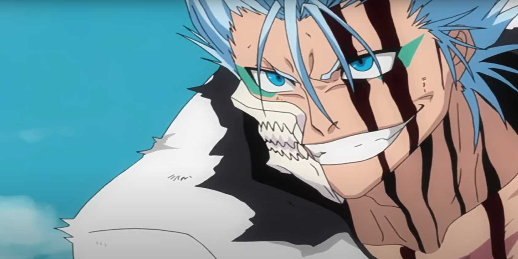 Grimmjow smiles widely despite bleeding from his head in Bleach.