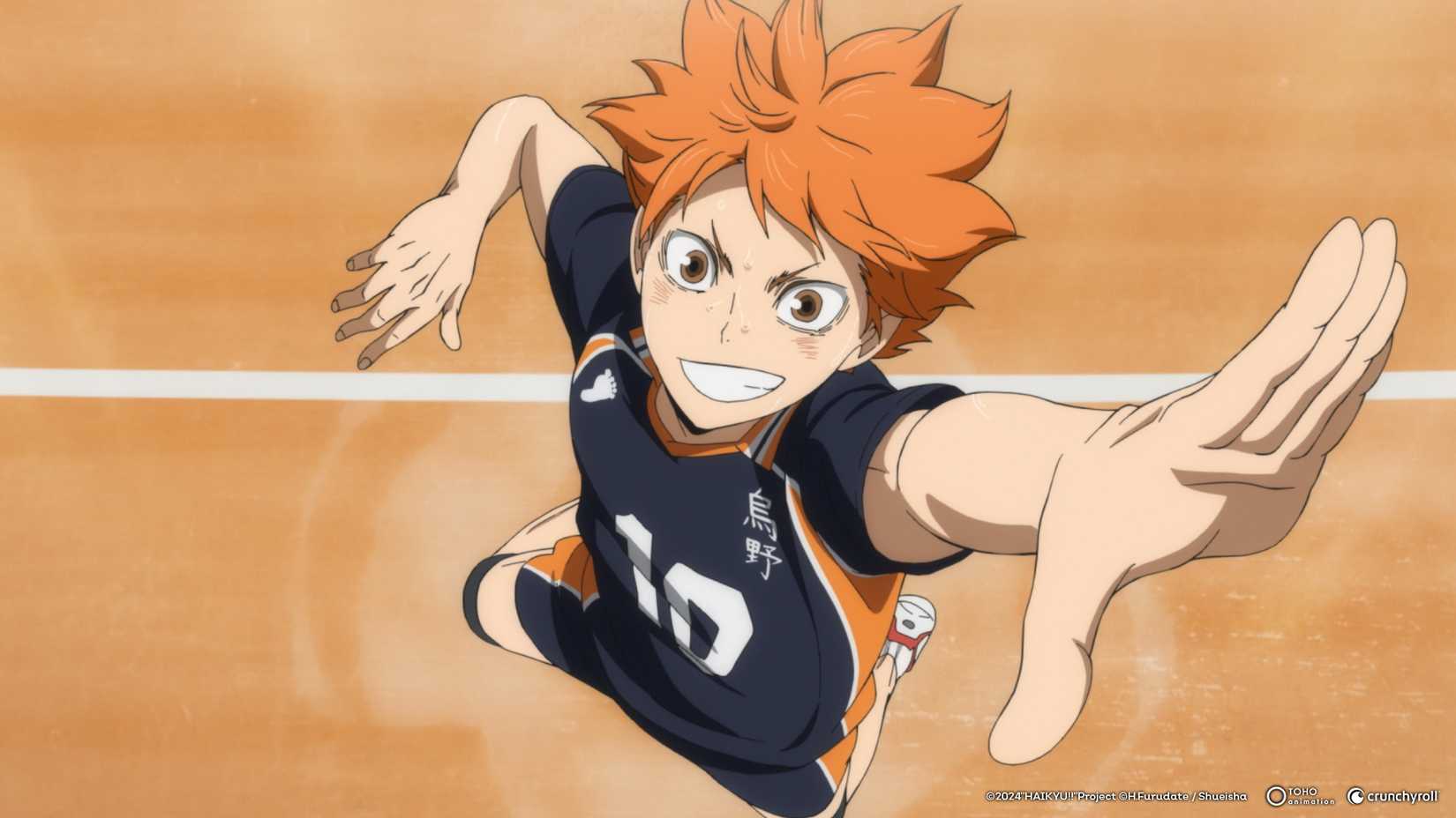 Shoyo jumps to prepare for a strong volleyball serve in Haikyu!!