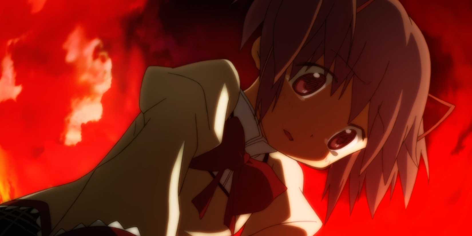 Madoka, gadis anime penyihir, sedang putus asa dalam Madoka Magica.