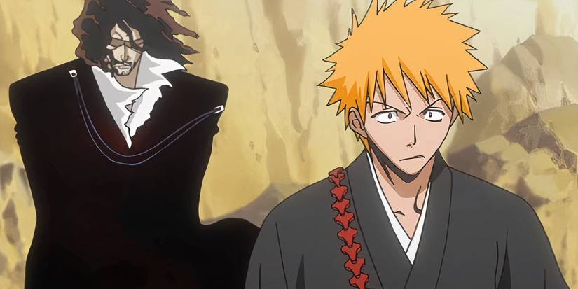 Zangetsu's spirit appears behind Ichigo in Bleach's study room.
