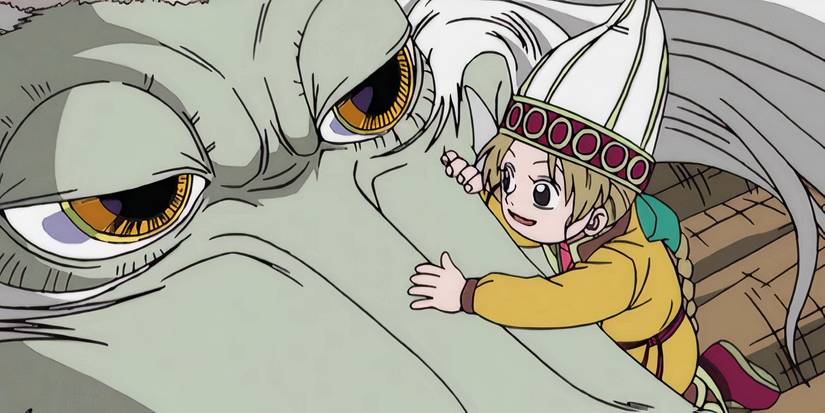 Apis uses the Whisper-Whisper Fruit to to soothe Ryuji, a dragon in One Piece's Warship Island Arc.