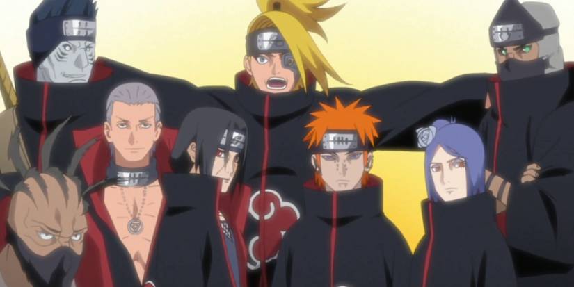 Several Akatsuki members pose together against a yellow background.