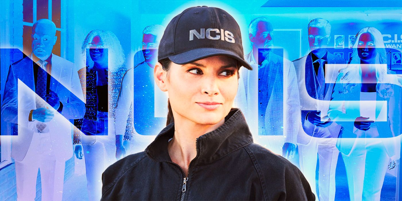 Jessica Knight (actor Katrina Law) in NCIS cap and black windbreaker in front of NCIS logo