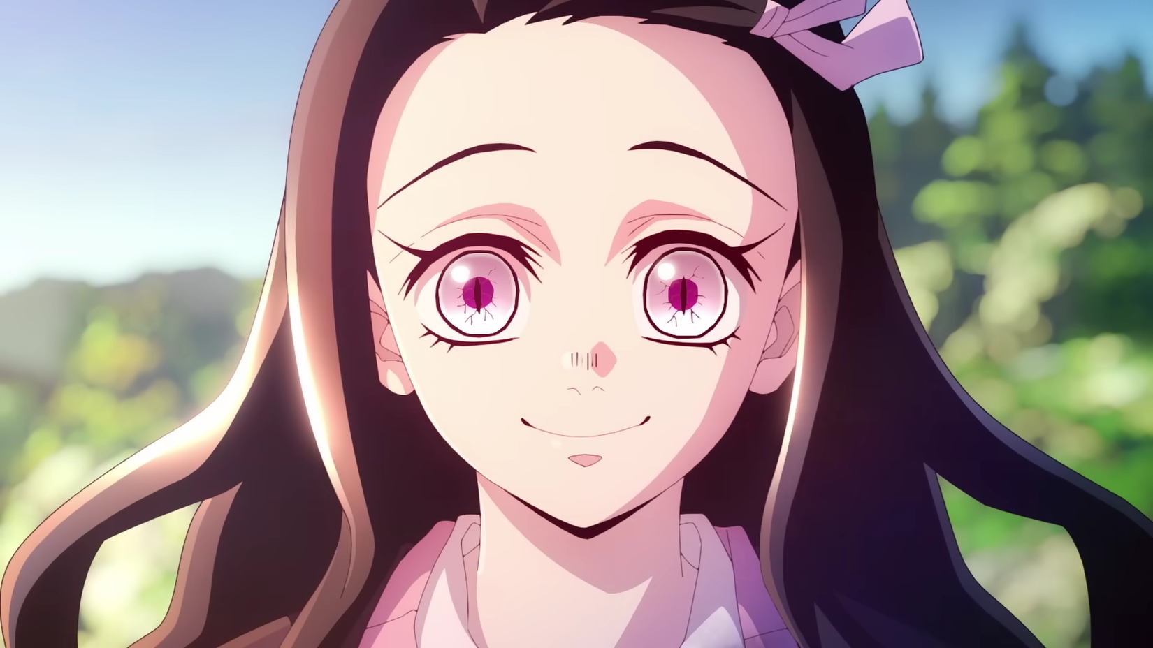 Nezuko Kamado smiles in the sunlight in Demon Slayer