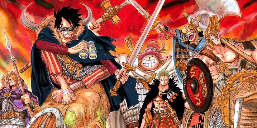 Illustration du chapitre 446 du manga One Piece de Luffy et ses amis en vikings.
