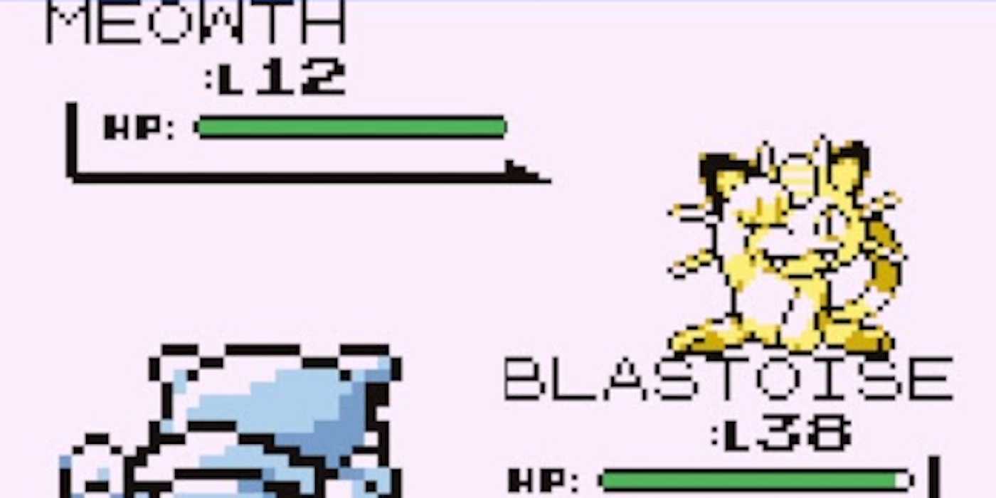 Blastoise battles Meowth in Pokemon Blue.