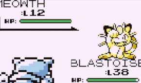 Blastoise battles Meowth in Pokemon Blue.