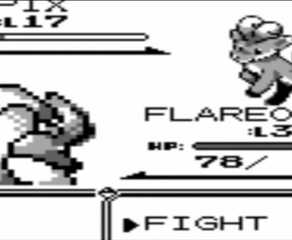 Flareon battles a Vulpix in Pokemon Blue.