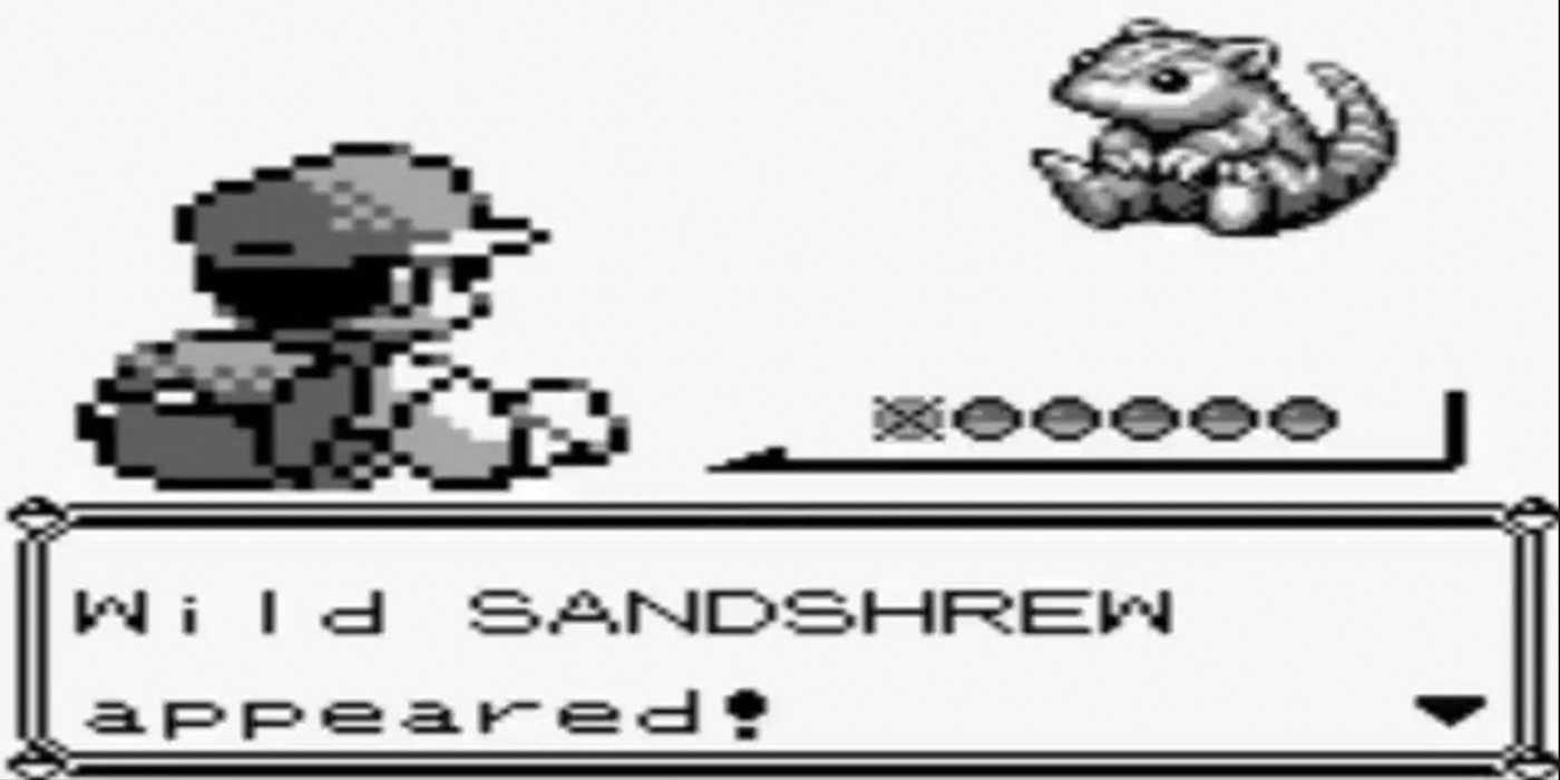 A wild Sandshrew appears in Pokemon Blue.