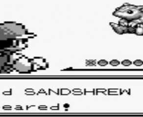 A wild Sandshrew appears in Pokemon Blue.