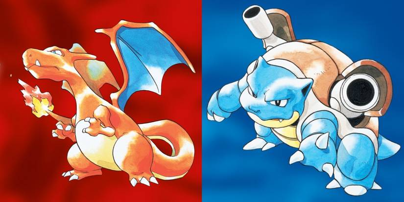 A split image shows key art of Charizard and Blastoise for Pokémon Red and Blue.