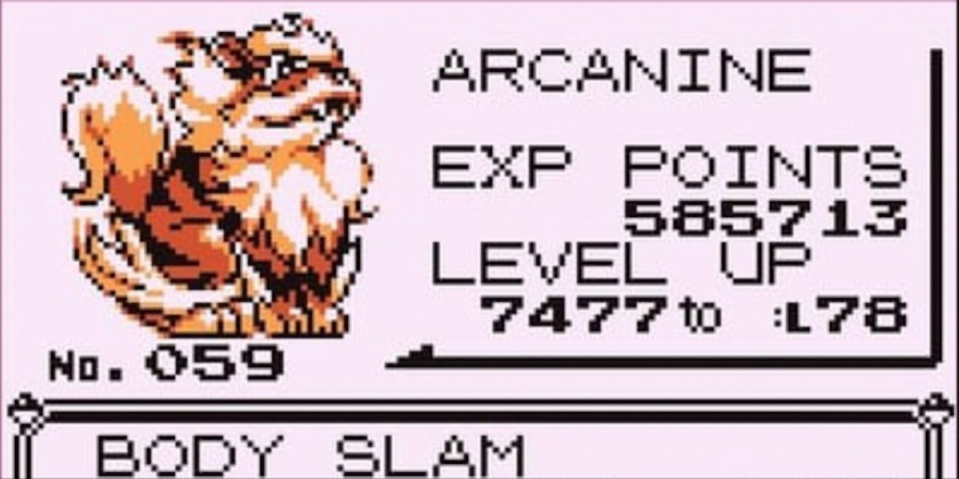 Arcanine's status entry and stats in Pokemon Red.