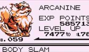 Arcanine's status entry and stats in Pokemon Red.