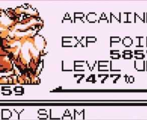 Arcanine's status entry and stats in Pokemon Red.