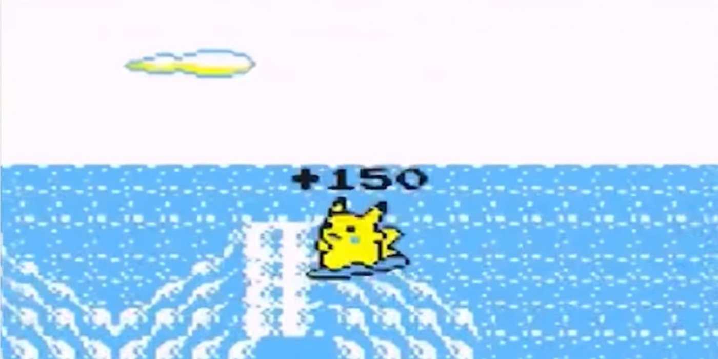 Pikachu scores points by flipping over waves in the Pokémon Yellow minigame Pikachu's Beach.