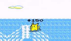 Pikachu scores points by flipping over waves in the Pokémon Yellow minigame Pikachu's Beach.