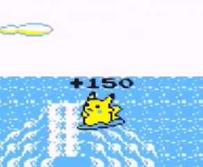 Pikachu scores points by flipping over waves in the Pokémon Yellow minigame Pikachu's Beach.