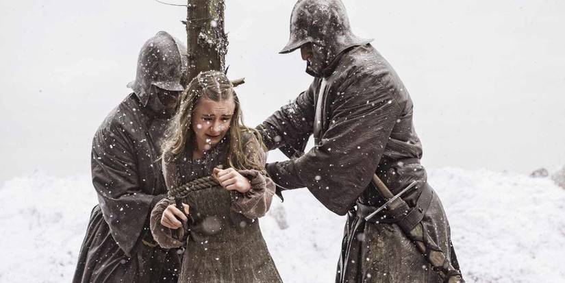 Shireen Baratheon tied to a stake for sacrifice in Game of Thrones