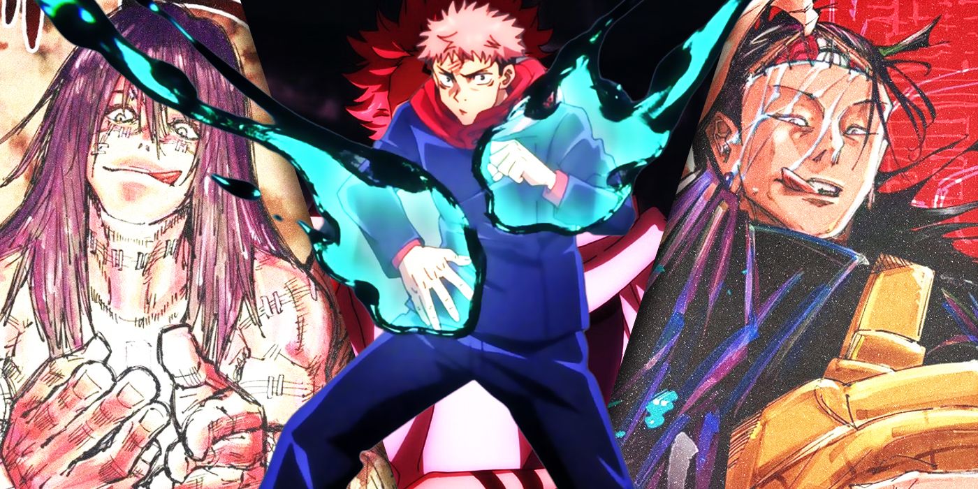 Split Images of Mahito, Yuji, and Kenjaku from Jujutsu Kaisen are spliced together.