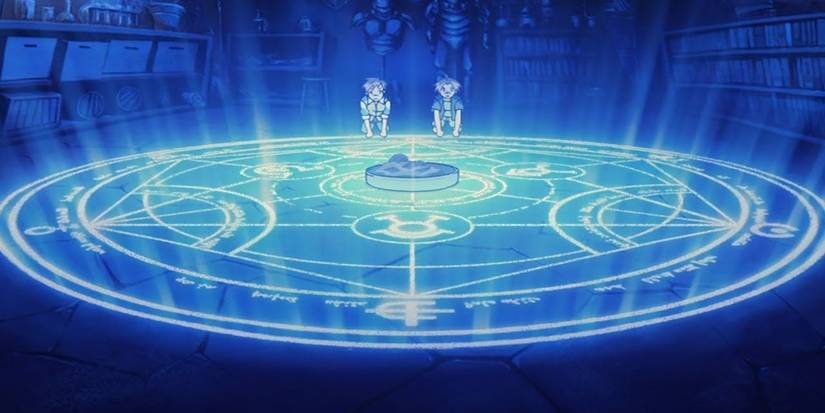 Kakak beradik Elric melakukan transmutasi manusia untuk menghidupkan kembali ibu mereka di Fullmetal Alchemist Brotherhood.