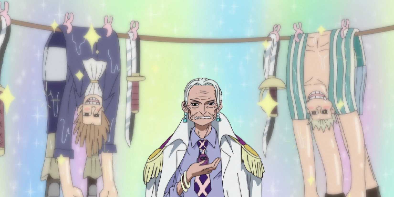 Le vice-amiral Tsuru utilise ses pouvoirs Wash Wash dans One Piece.