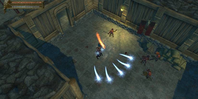 The player character firing magical projectiles in Baldur's Gate: Dark Alliance.