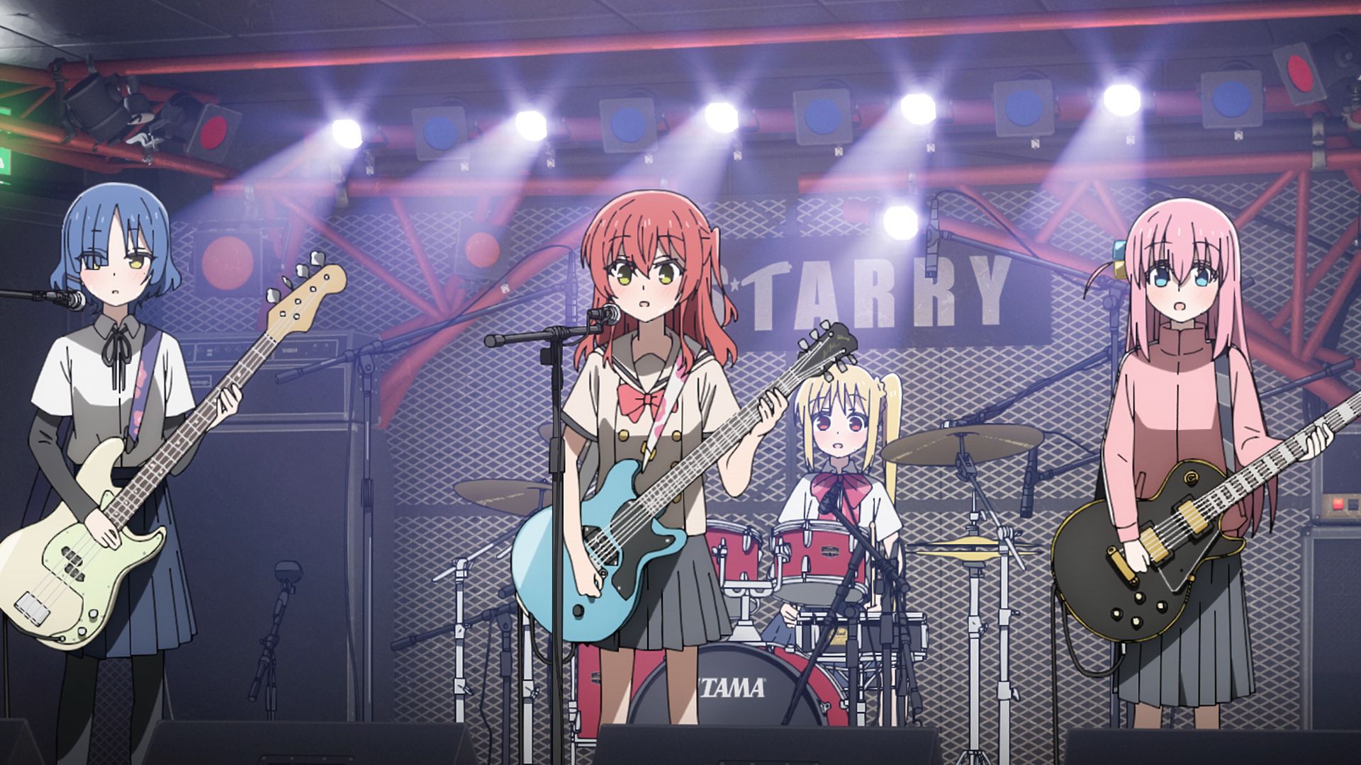 Ryou, Ikuyo, Nijika and Hitori performing on stage in Bocchi the Rock!