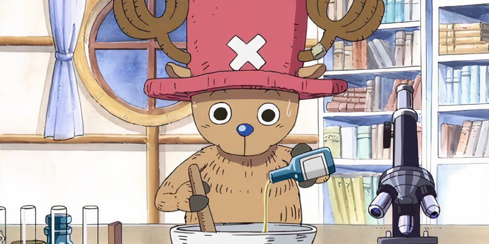 Chopper parece preocupado enquanto faz remédios como parte do arco de preenchimento pós-Alabasta em One Piece.