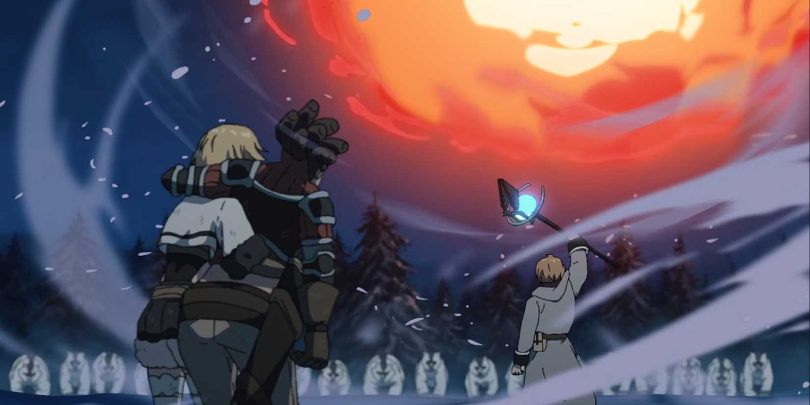 Rudeus casting a massive fireball spell while Counter Arrow watches in Mushoku Tensei.