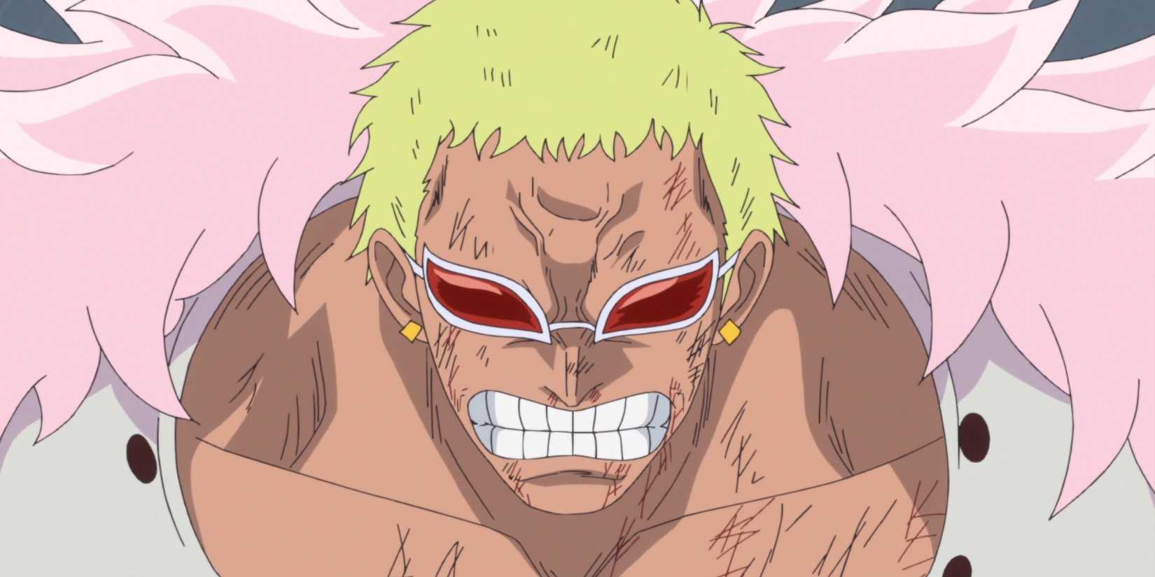 Donquixote Doflamingo from One Oiece bares his teeth in anger.