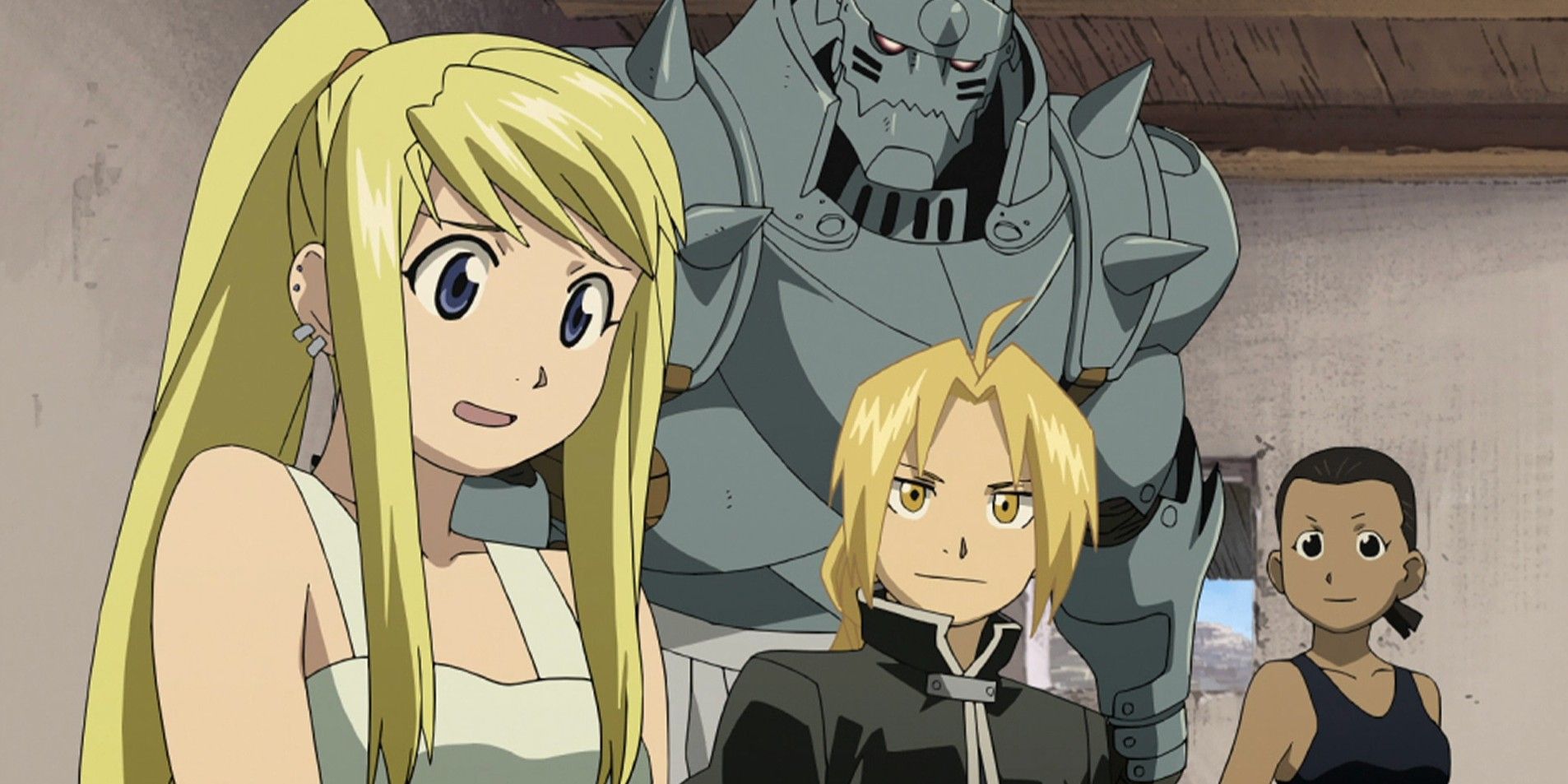 Al, Ed, and Paninya look to a bashful Winry in Fullmetal Alchemist: Brotherhood.