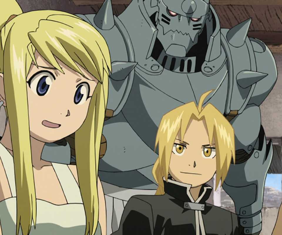 Al, Ed, and Paninya look to a bashful Winry in Fullmetal Alchemist: Brotherhood.