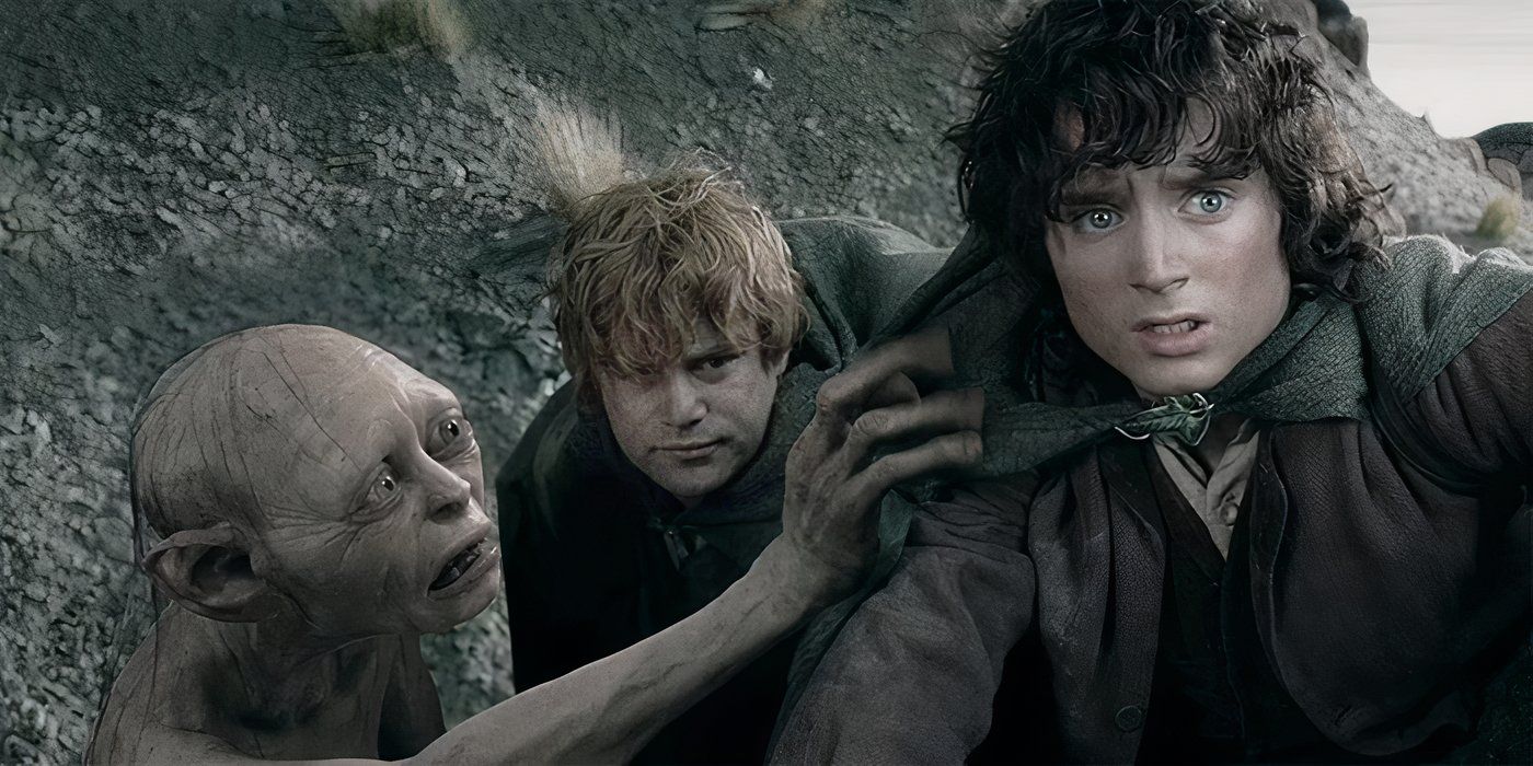 Gollum (Andy Serkis), Sam (Sean Astin) e Frodo (Elijah Wood) em O Senhor dos Anéis