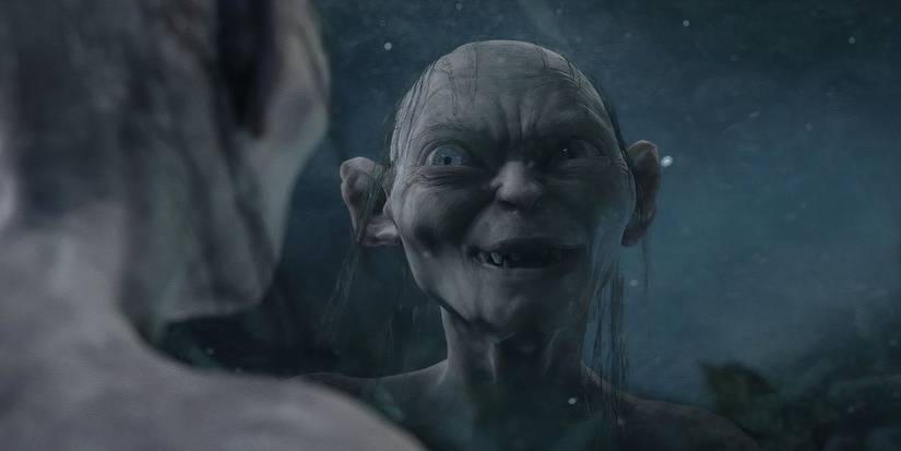 Gollum talks to his reflection in the water in The Lord of the Rings.