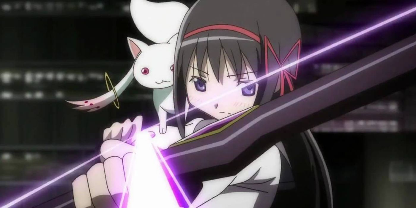 Puella Magi Madoka Magica character Homura holds a bow and arrow with Kyubey on her shoulder