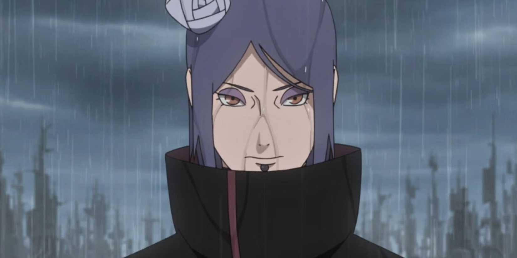 Konan looks at the viewer while it's raining