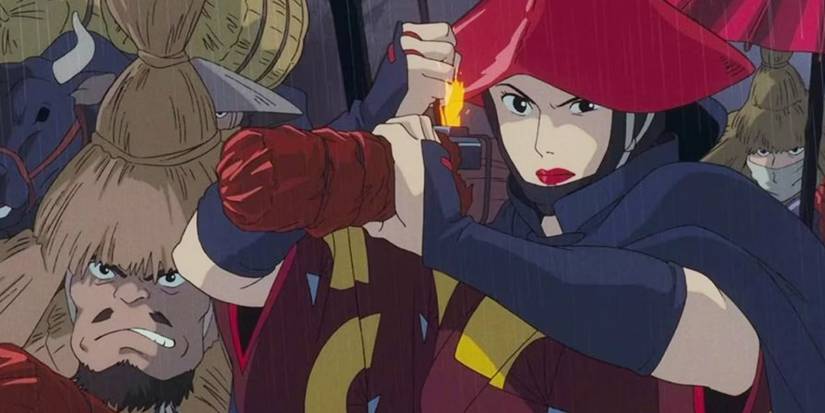 Lady Eboshi fires her rifle in Princess Mononoke.