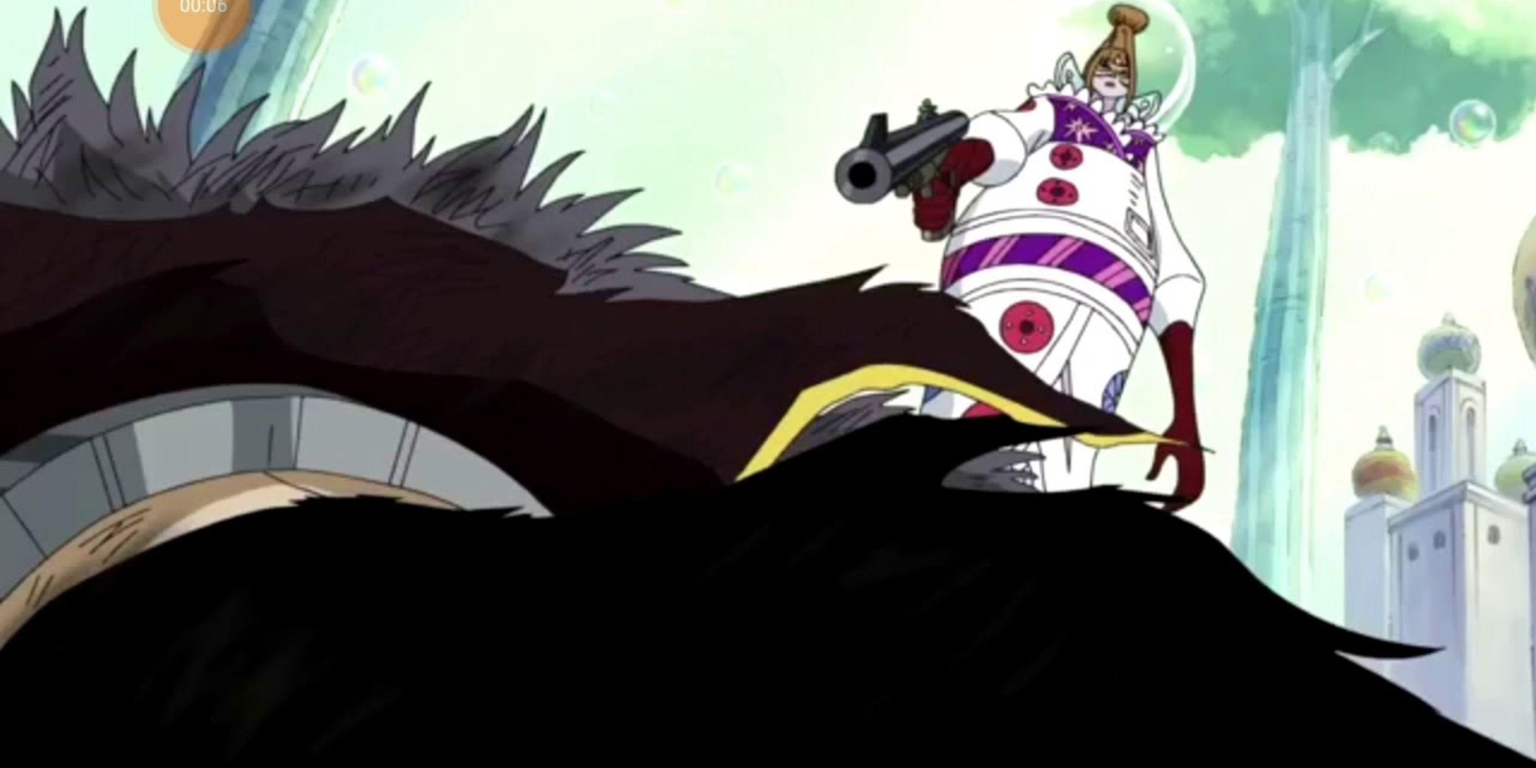 A celestial dragon prepares to shoot an injured slave in One Piece's Sabaody Archipelago Arc