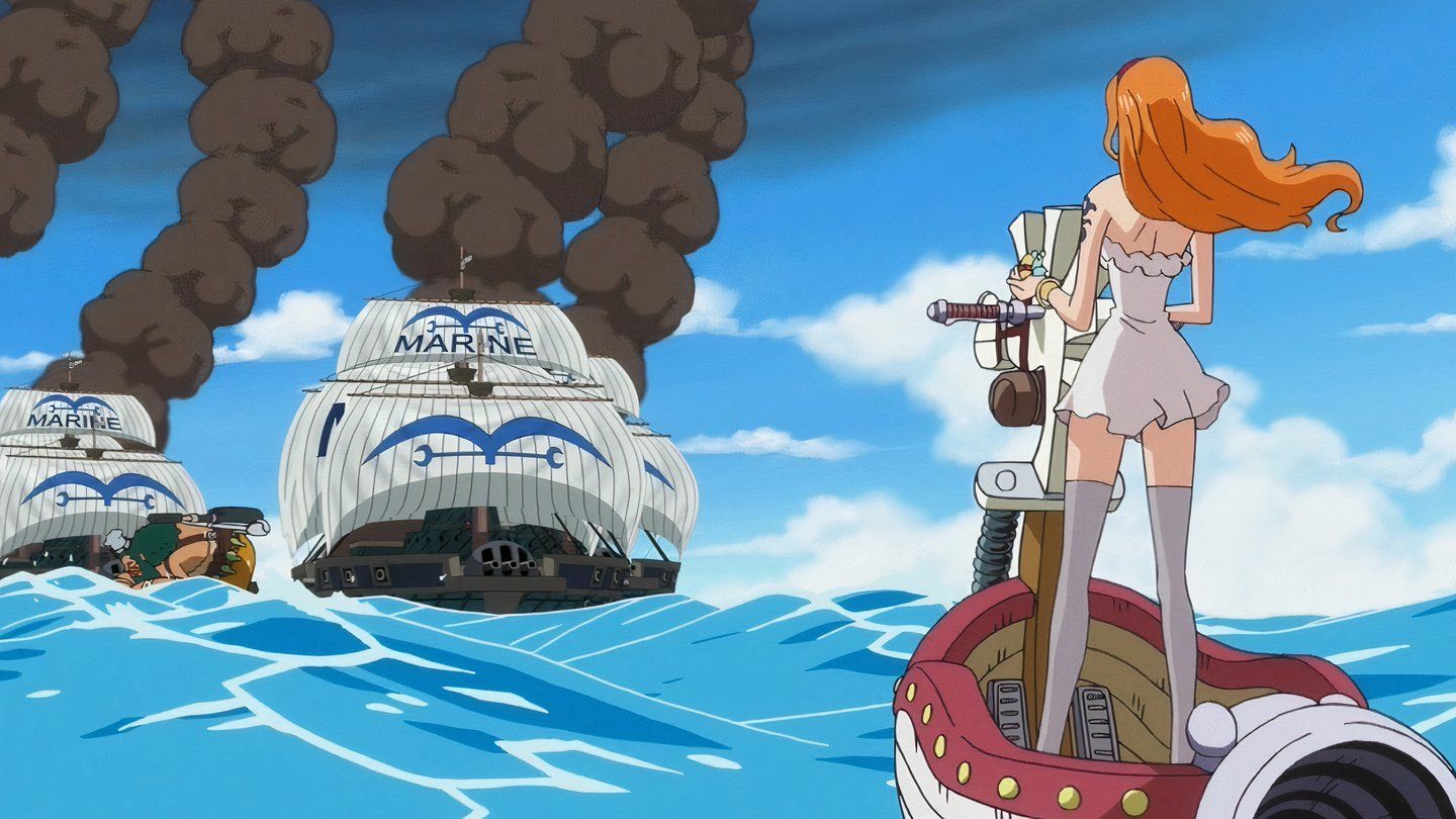 Nami está olhando para navios em chamas enquanto vacila durante o Z's Ambition Arc of One Piece.