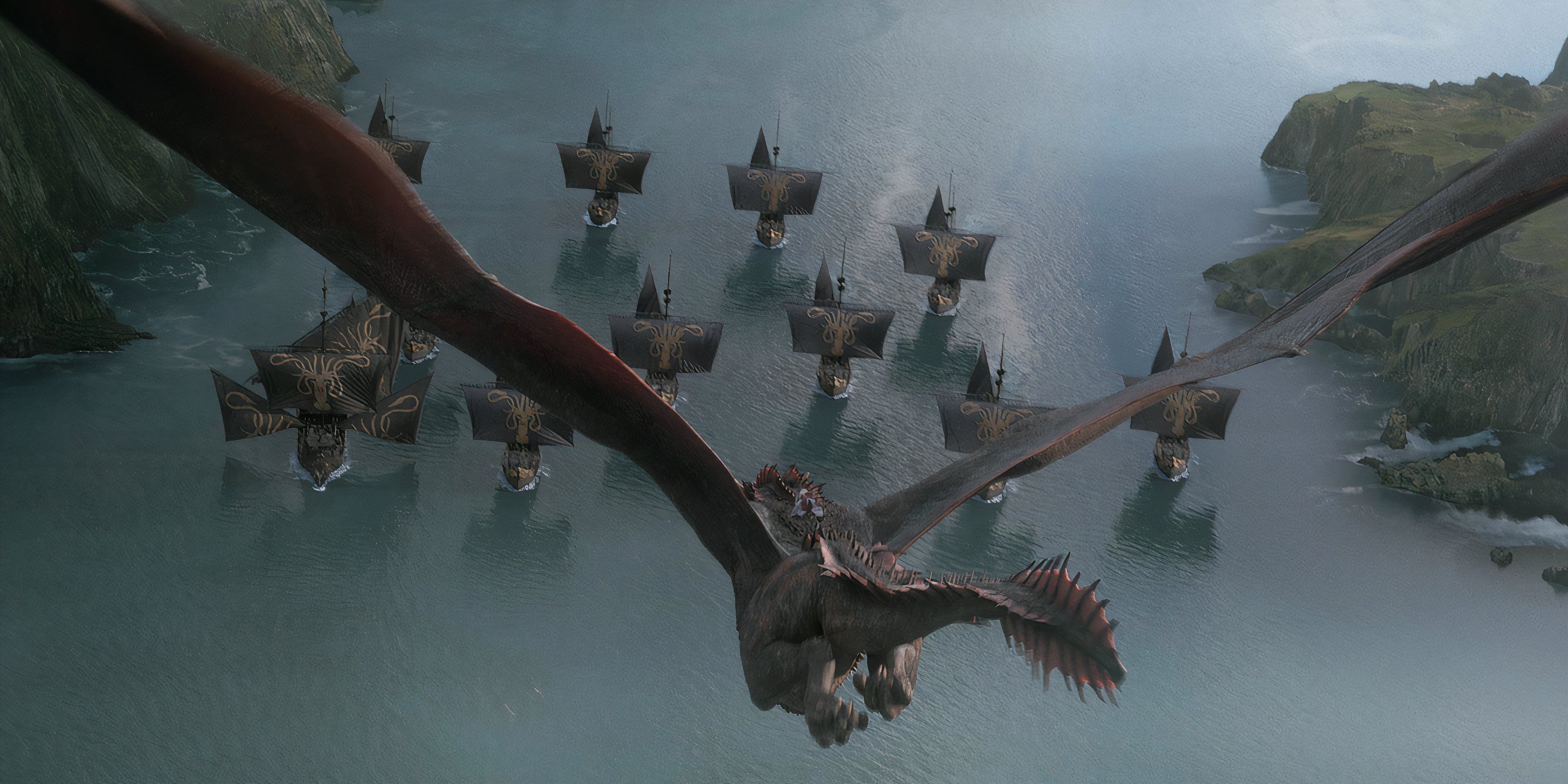 Rhaegal flies toward the Iron Fleet during the Battle of Dragonstone in Game of Thrones.