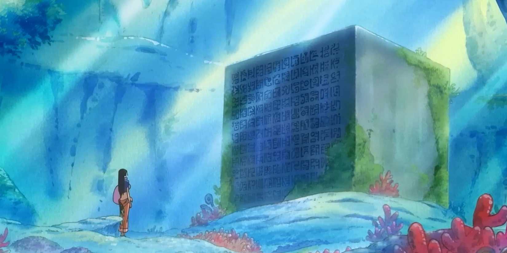 Robin visite le ponéglyphe de l'île Fish-Man dans One Piece.