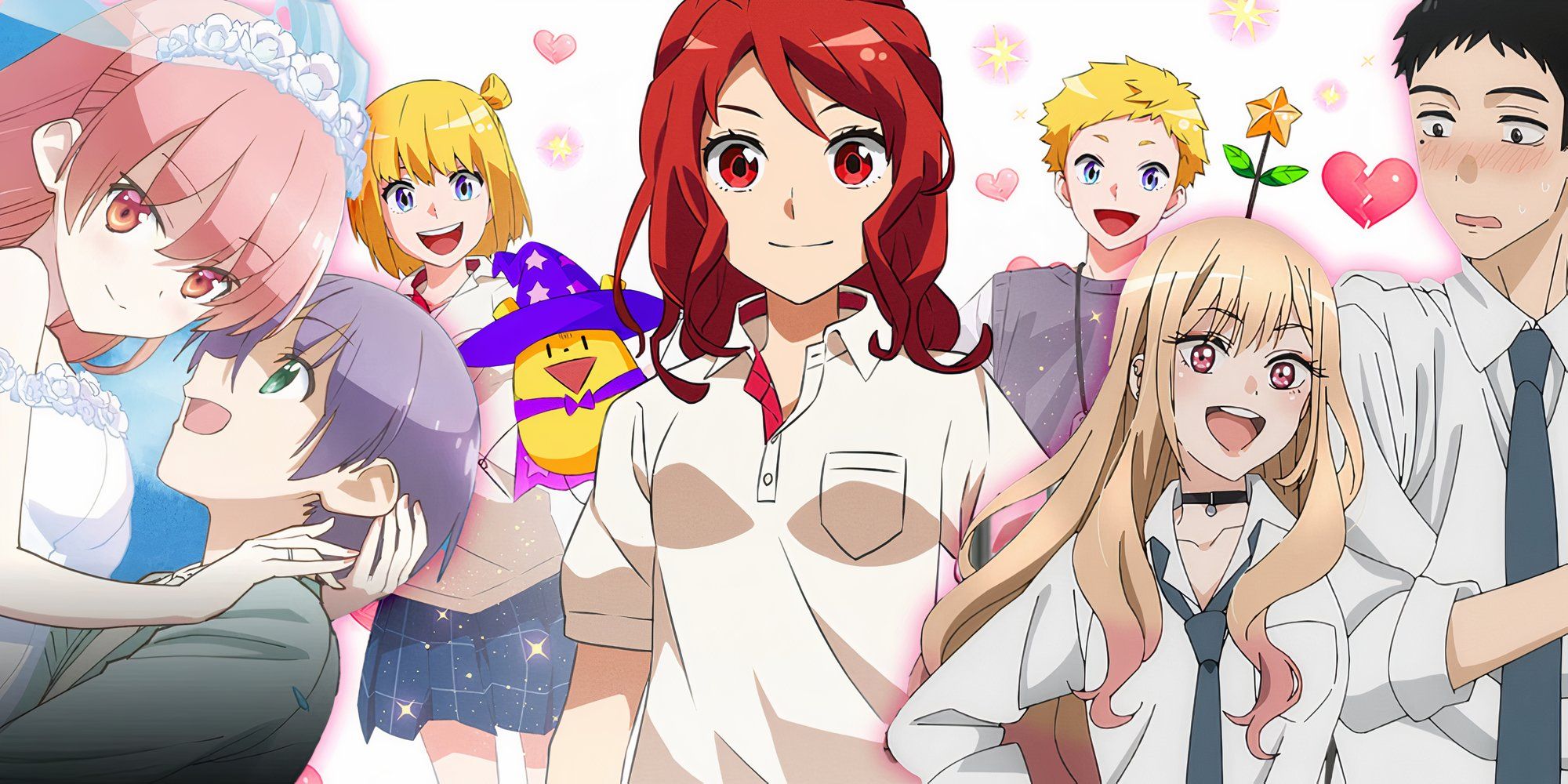 A romance anime collage features images of characters from from Tonikawa: Over the Moon for You, My Dress Up Darling and Romantic Killer.