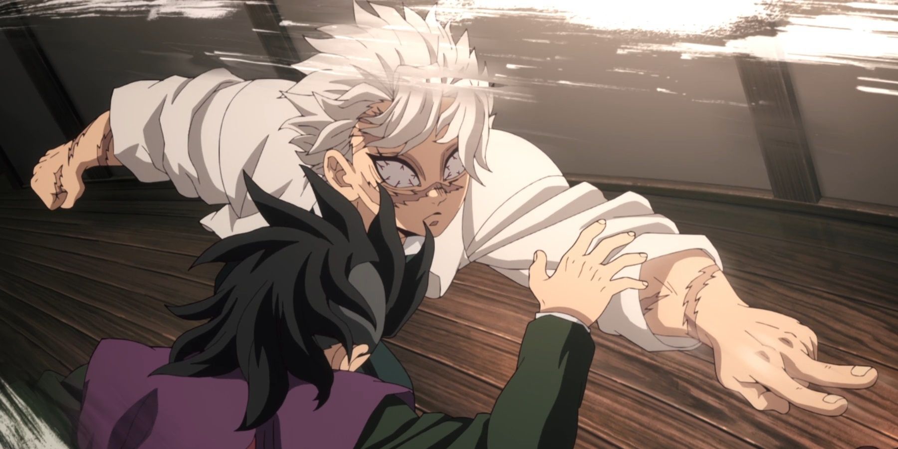 Sanemi rushes with two fingers while genya dodges him.