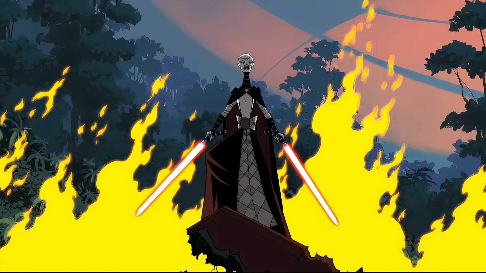 Asajj Ventress armed with two lightsabers with a blaze in the background in Star Wars: Clone Wars