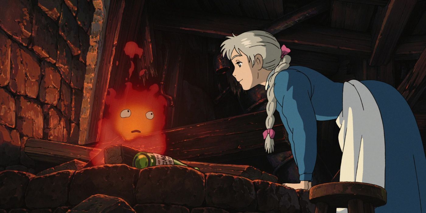Sophie Hatter is speaking with Calcifer in Howl's Moving Castle.