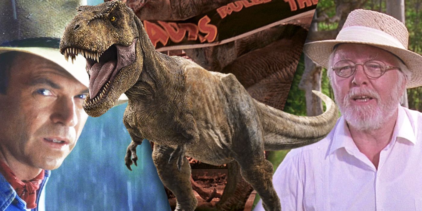 split image of Dr Grant, a T-Rex and Hammond