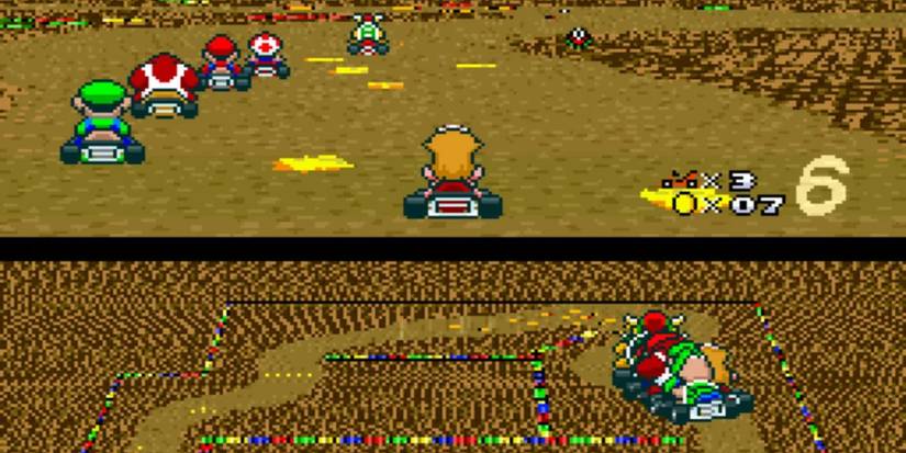 Super Mario Kart gameplay on SNES with Peach racing on Donut Land.