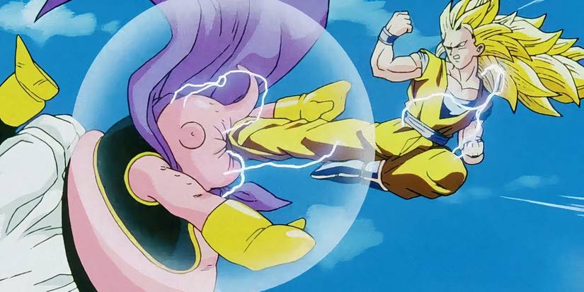 Super Saiyan 3 Goku kicks Majin Buu in the face in Dragon Ball Z.