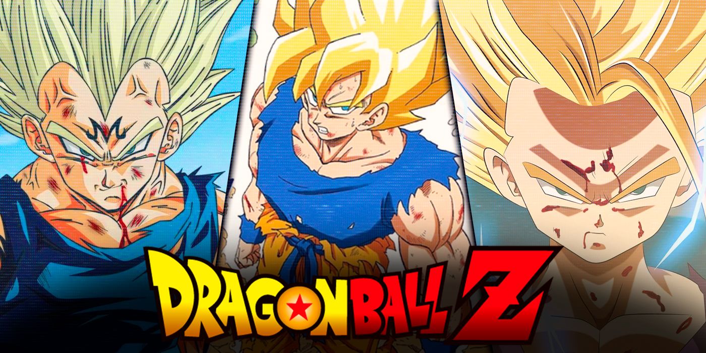 Images of Super Saiyan Goku, Teen Gohan and Majin Vegeta are spliced together behind the logo for Dragon Ball Z.